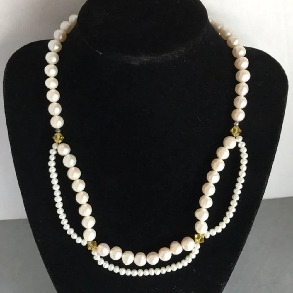 Vintage Handmade Pearl Swag Necklace Swarovski Crystals Approx 17 Inch